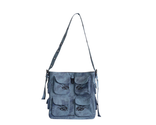 Keychain Cargo Bag XL - Ocean with tribal embroidery and multiple pockets, displayed on a plain background.