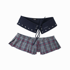 Snap belt skirt - Navy plaid