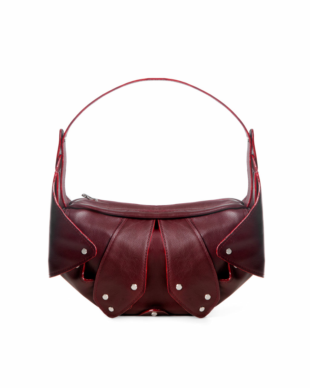 Maroon handbag with pearl embellishments on a white background